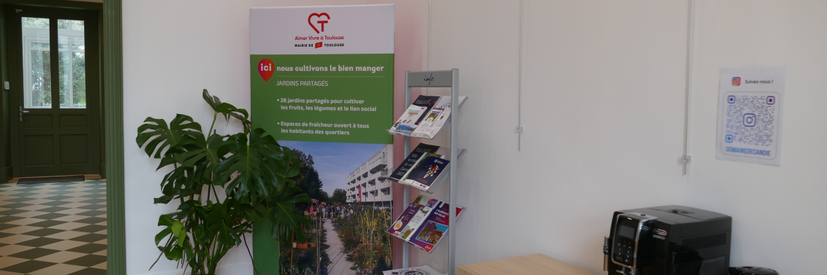 Lieu avec plante, présentoirs, distributeur de boissons et machine à café.