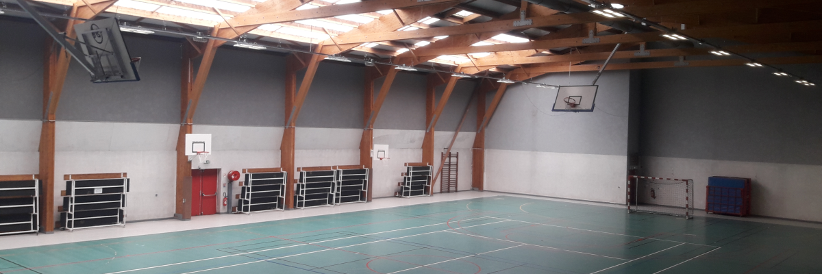 Salle de sport avec paniers de basket, gradins, et sol vert.