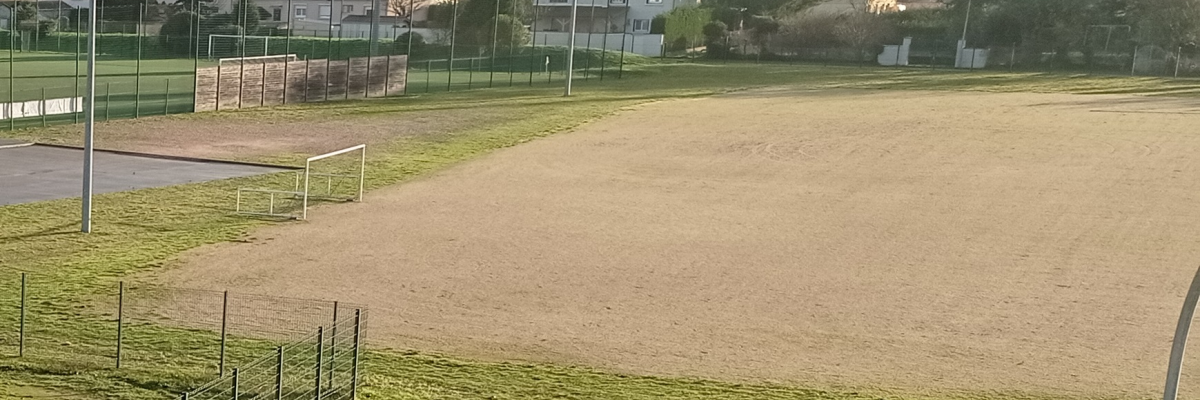 Terrain de sport avec but de football, piste d'athlétisme, clôtures et maisons en arrière-plan.