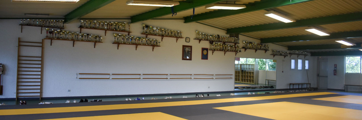 Salle de sport avec tatamis, murs de grimpe, équipements suspendus et bancs.