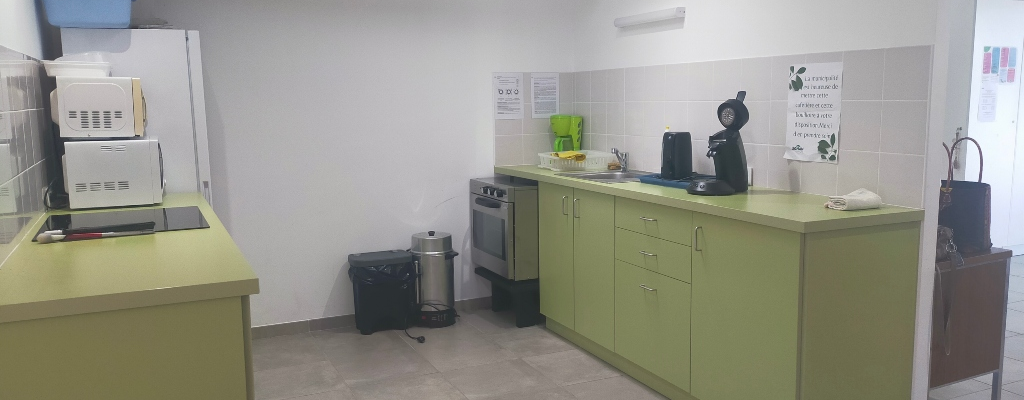 Cuisine avec meubles verts, micro-ondes, four, cafetière, évier, poubelle et distributeur de savon.