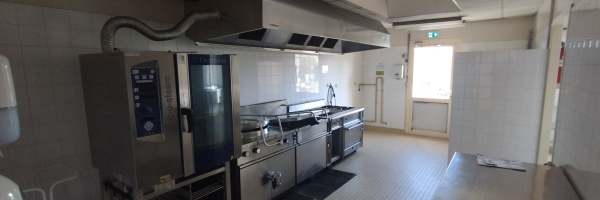 Cuisine avec hotte, plan de travail, évier, fours et réfrigérateur.