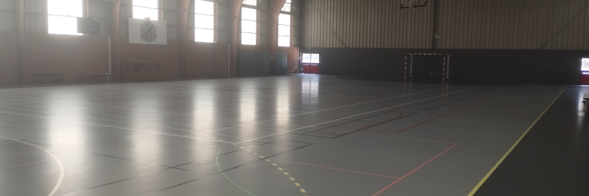 Salle de sport avec panier de basket, lignes de terrain et fenêtres.