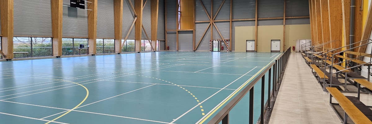 Salle de sport avec terrain, gradins et fenêtres.