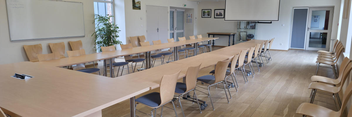 Salle de réunion avec table, chaises, tableau blanc, projecteur et plantes.