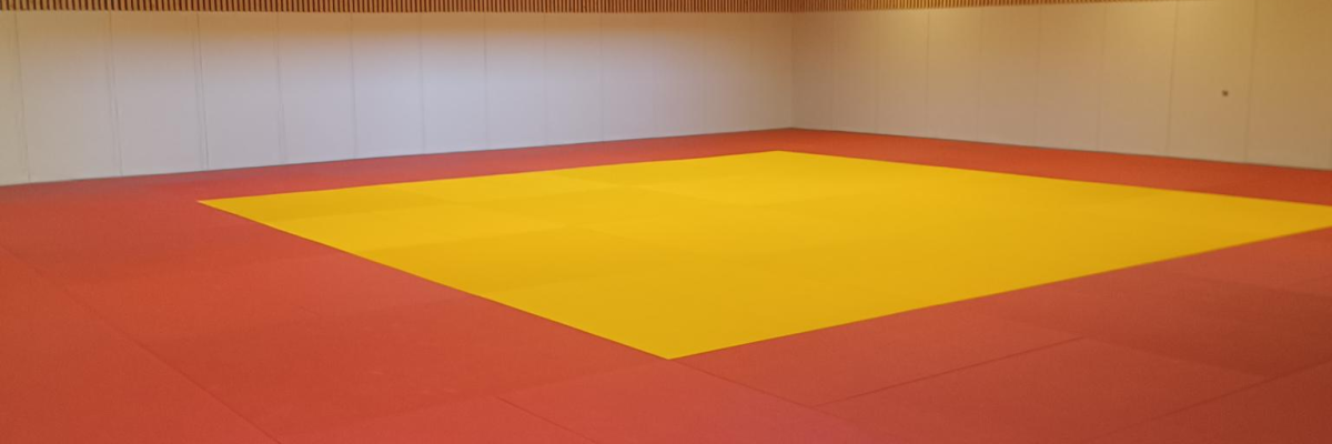 Salle avec tapis de sol coloré et éclairage suspendu.