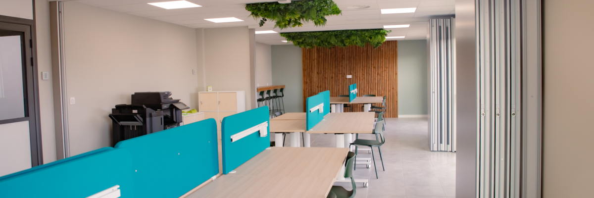 Bureaux avec tables, chaises, séparateurs bleus, imprimantes et plantes.