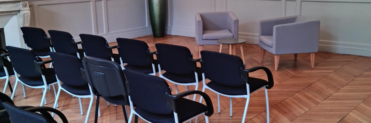 Salle avec chaises, table, lustre, plante, tableau et moulures.