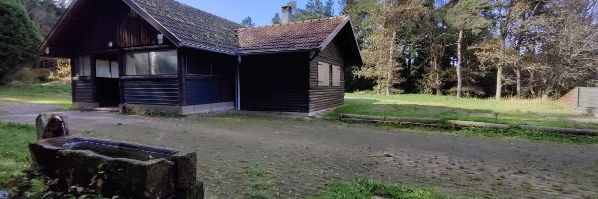 Cabanon en bois avec une fontaine en pierre devant, dans une zone boisée.