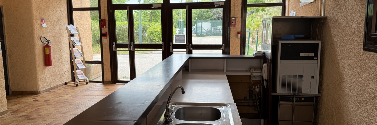 Cuisine avec plans de travail, évier double, machine à laver, porte et fenêtres.