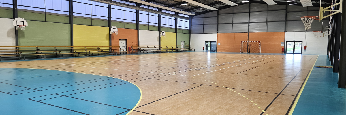 Gymnase avec panneaux de basket, but de handball, parquet, gradins et portes de sortie.
