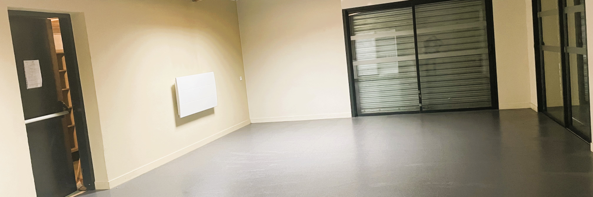 Salle vide avec porte, fenêtres, plafond et sol.