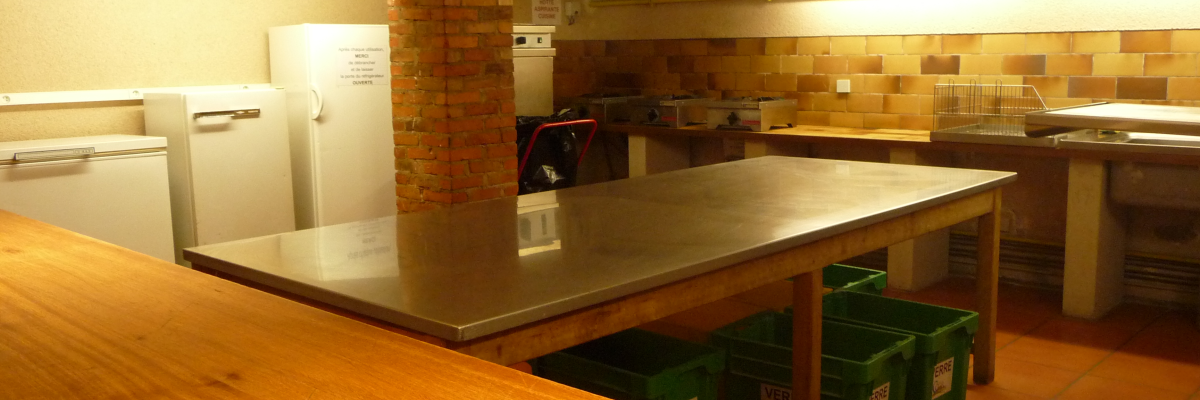 Cuisine avec plans de travail, fours, réfrigérateurs, évier et poubelles vertes.