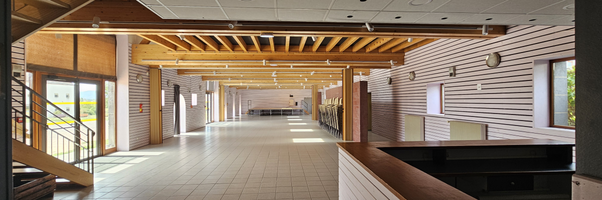 Hall avec sol carrelé, plafond suspendu, rampes, escaliers, portes et fenêtres.