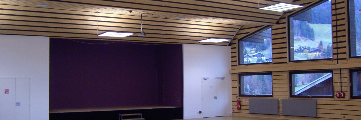 Salle spacieuse avec plancher lisse, écran, banc, fenêtres, portes et lumières encastrées au plafond.