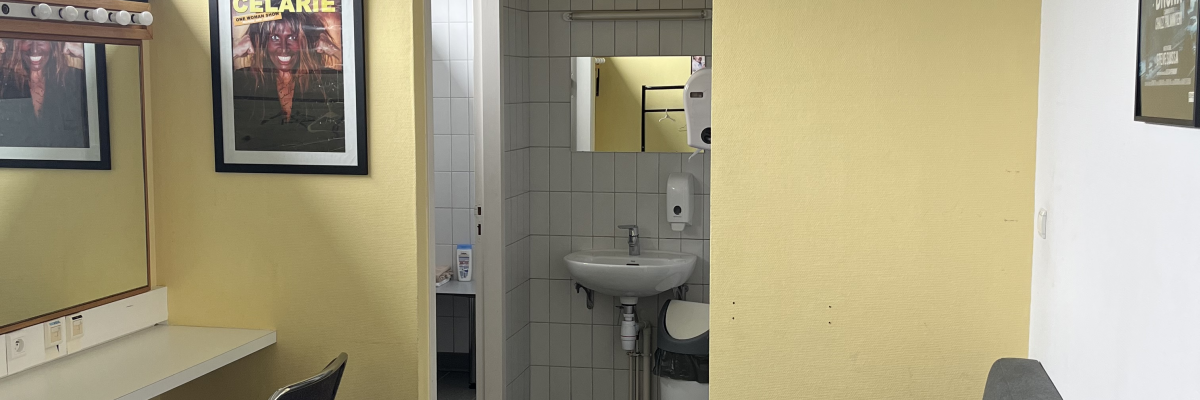 Bureau avec table, chaise, canapé, lavabo, miroir et tableaux.