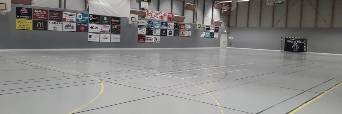 Salle de sport avec panier de basket, filet de handball, panneaux publicitaires et éclairage.