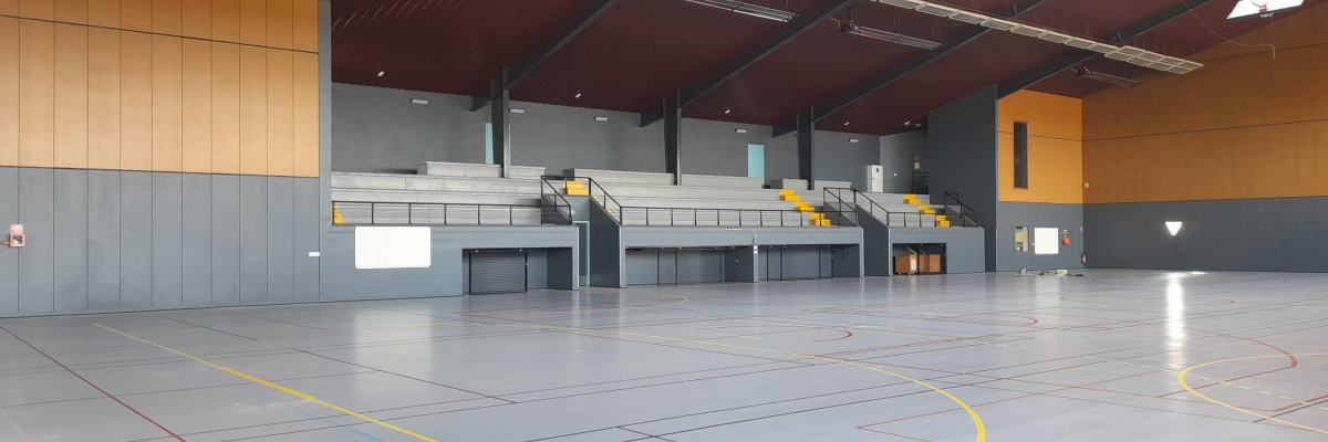 Salle de sport avec parquet, lignes de terrain, gradins et fenêtres.