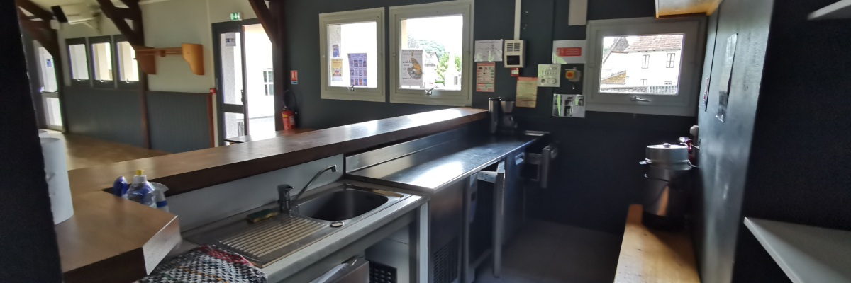 Cuisine avec plans de travail, évier, réfrigérateur, micro-ondes, et étagères.