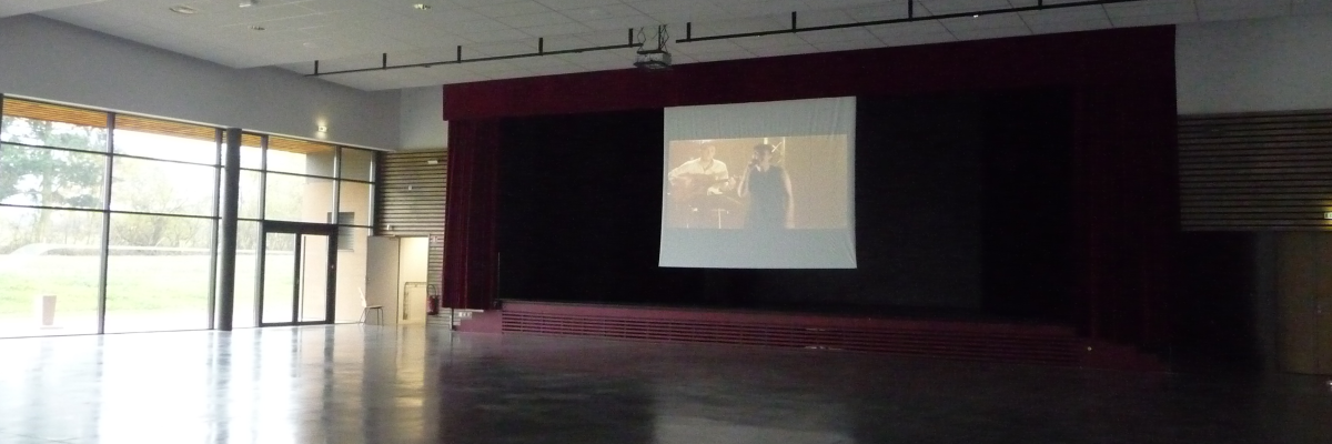 Salle vide avec écran, projecteur, rideau et grandes fenêtres.