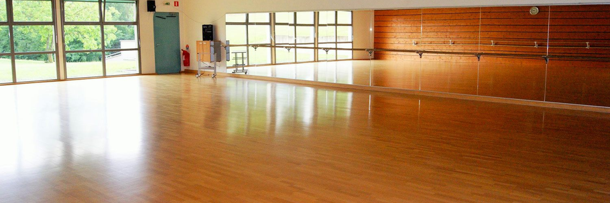 Salle de danse avec parquet, barres et fenêtres.