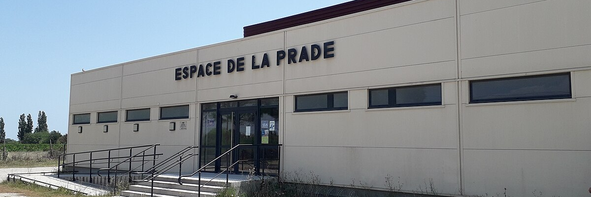 "Bâtiment avec entrée, escalier, rampes et enseigne 'Espace de la Prade'."