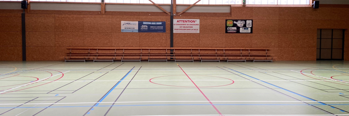 Gymnase avec panier de basket, bancs, ligne de terrain et panneaux d'affichage.