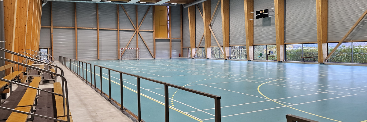 Salle de sport avec terrain, gradins, panier de basket et filet de foot.