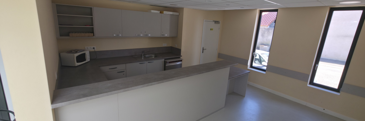 Cuisine avec plans de travail, évier, micro-ondes, armoires et fenêtres.