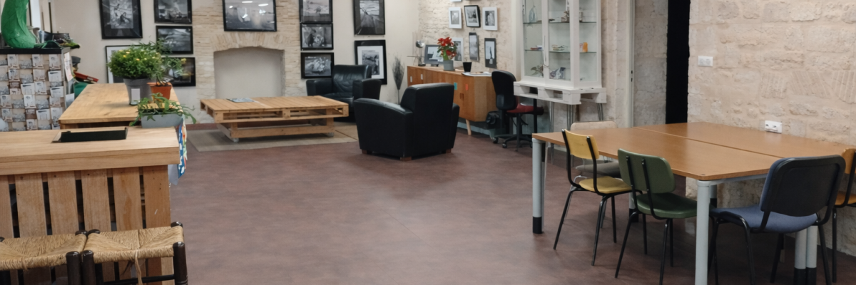 Salle avec tables, chaises, vitrine, étagères, plantes, télévision, canapés et cheminée.