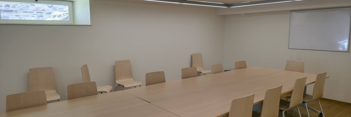 Salle de réunion avec table, chaises, écran et vidéoprojecteur.