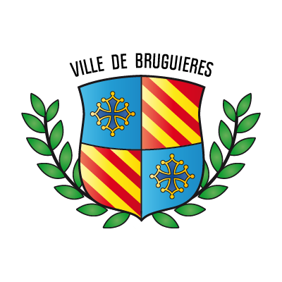 Blason ville Bruguieres quadrillé bleu jaune rouge avec feuilles vertes.