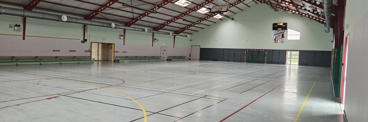 Salle de sport avec paniers, lignes de sol, gradins, portes et fenêtres.