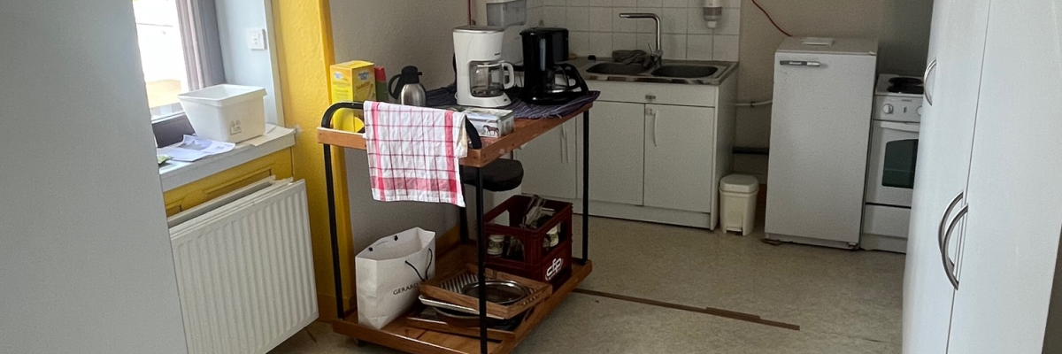 Cuisine avec évier, réfrigérateur, plaque de cuisson, four, micro-ondes et chariot.