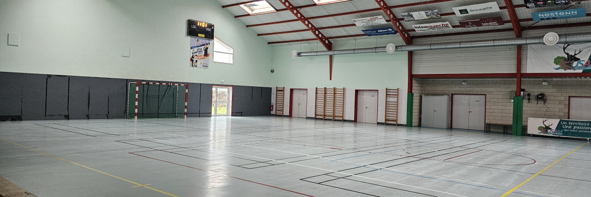 Gymnase avec panier de basket, ligne de terrain, bancs, portes et panneaux publicitaires.