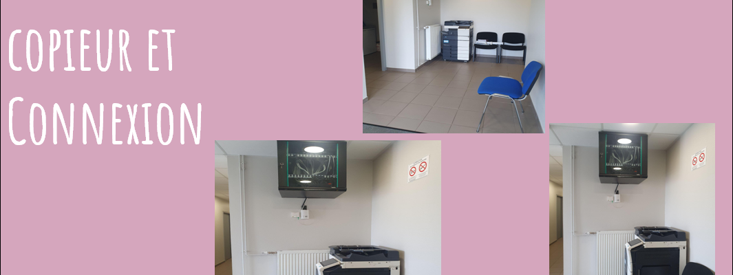 Espace copieur et connexion avec écrans, imprimantes, chaises.