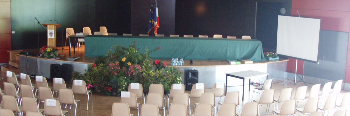 Salle avec chaises, estrade, écran, fleurs et podium.