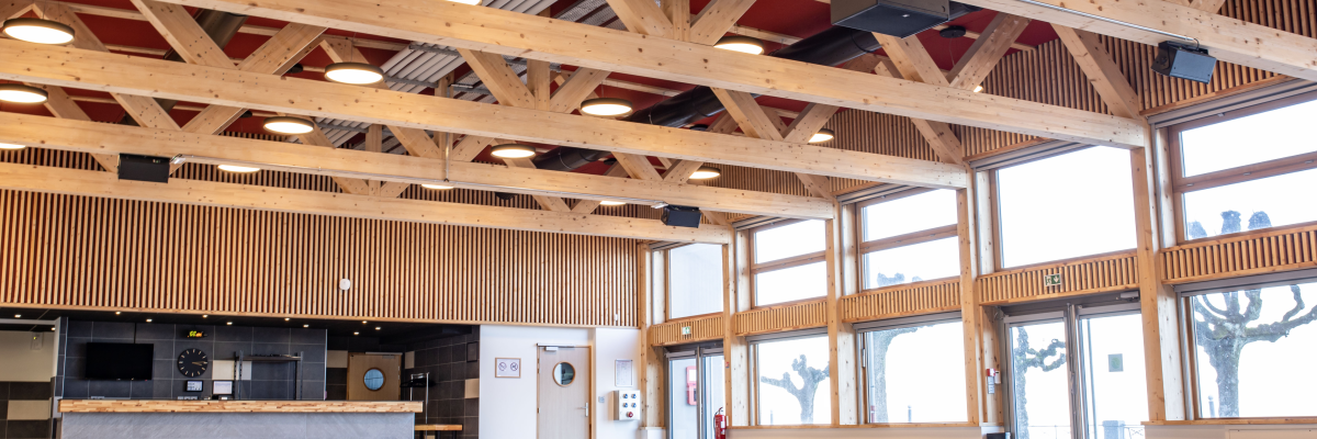 Salle lumineuse avec poutres apparentes, comptoir, portes et grandes fenêtres.