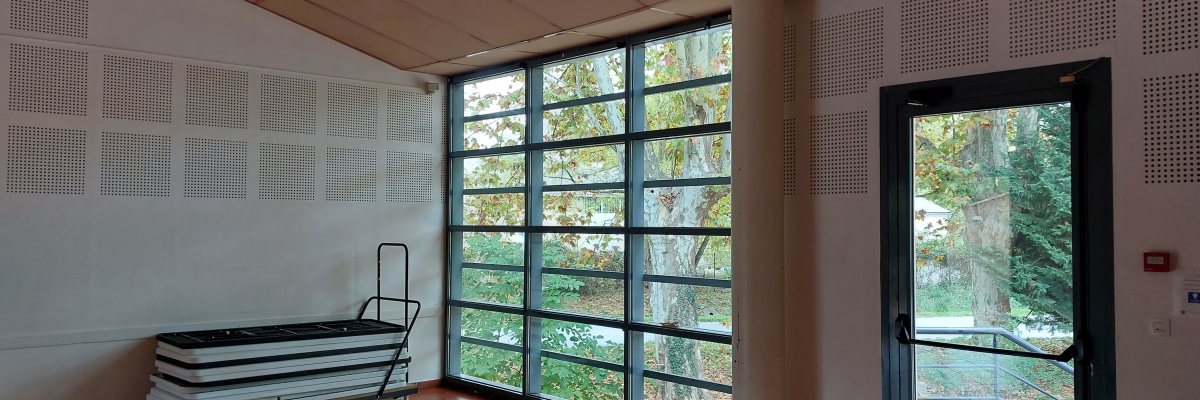 Pièce avec chariot à roulettes, porte vitrée et grandes fenêtres. Sol carrelé.