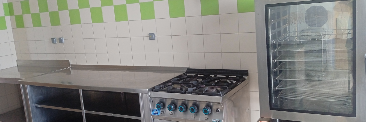 Cuisine avec plaques de cuisson, four, étagères, plan de travail et hotte.