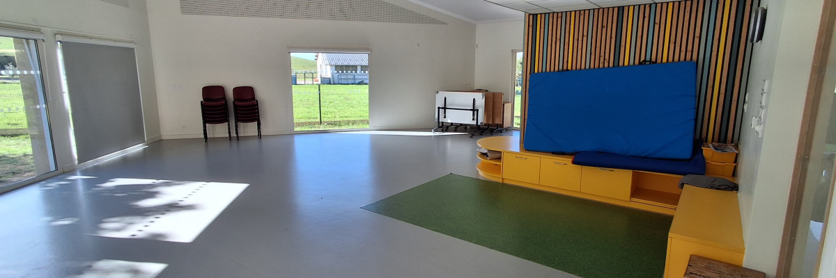Salle avec écran, chaises, canapé, tapis et table.