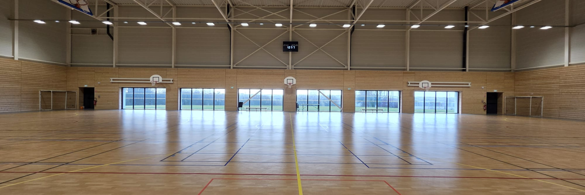 "Gymnase avec paniers de basket, lignes de sol et éclairage."