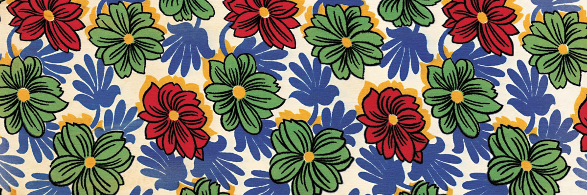 Motif floral coloré avec fleurs rouges, vertes et bleues sur fond clair.