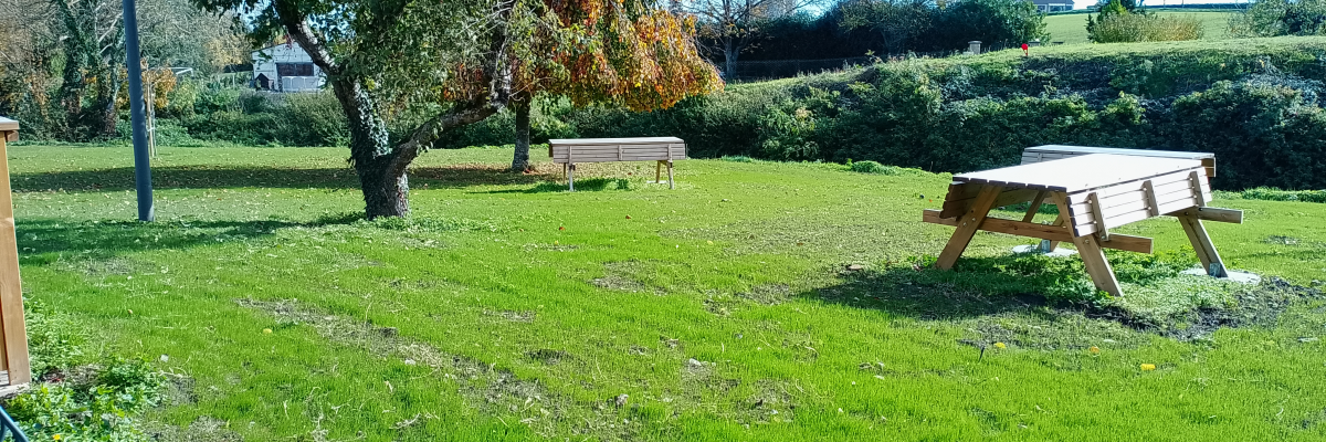 Aire de jeux avec tables de pique-nique et bancs sous des arbres.