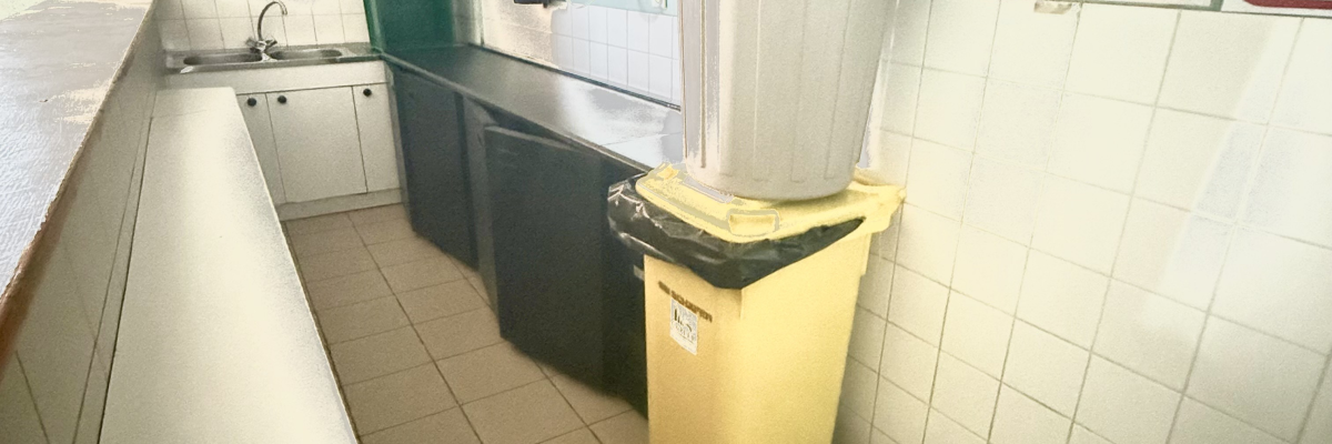 "Cuisine avec évier, frigo, poubelles, plans de travail et affiches au mur."