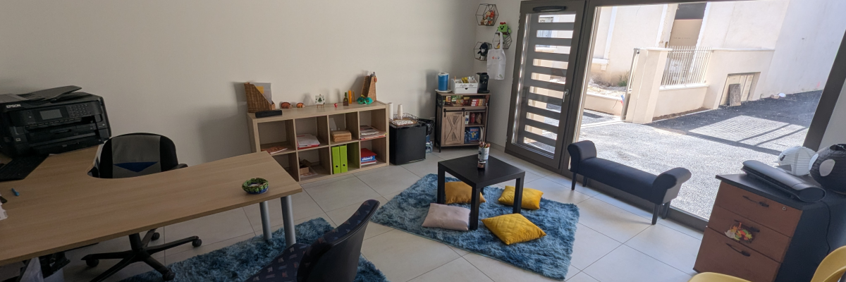 Salle avec table, chaises, étagères, canapé, tapis, coussins, classeur et porte vitrée.
