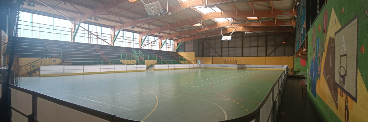 Salle polyvalente avec terrain, gradins, panneaux sportifs et éclairage.