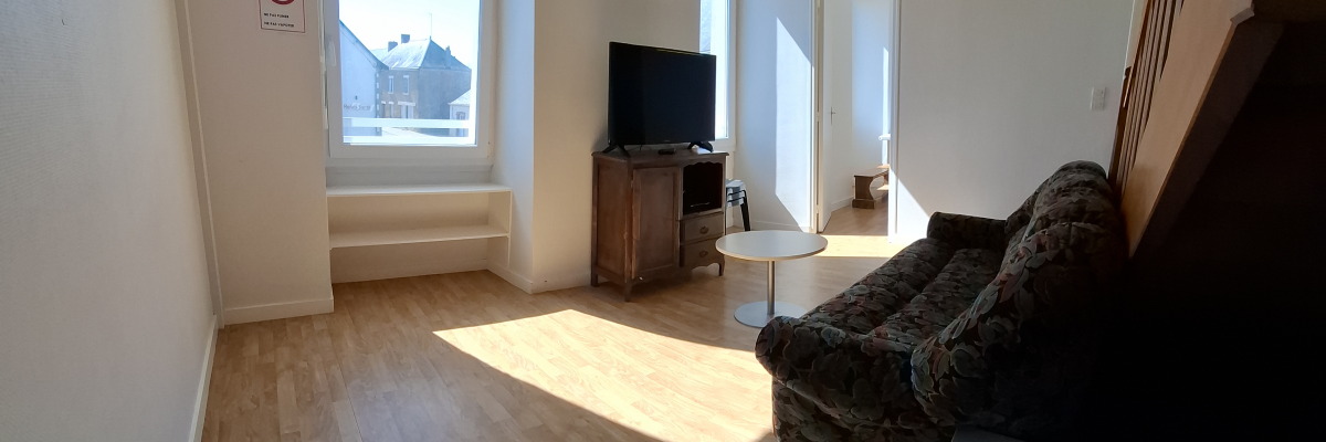 Salle avec canapé, table basse, télévision, fenêtre et sol en bois.