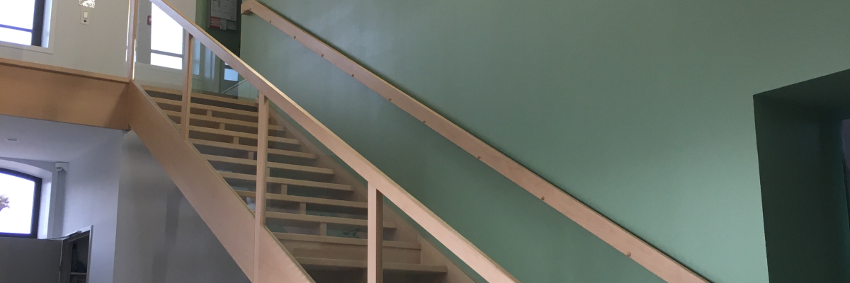 Escalier en bois avec rampe, mur vert, éclairage mural, plafond en panneaux.