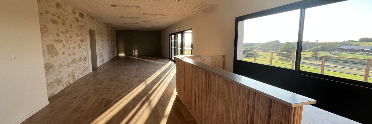 Long couloir avec mur en pierre, lambris en bois, grande fenêtre et plafond à motifs.